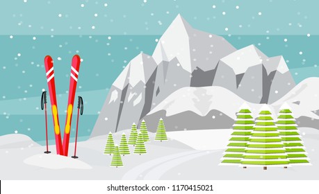 Ski equipment, trail, Alps, fir trees, falling snow, mountains panoramic background, flat vector illustration. Ski resort season is open. Winter web banner design.