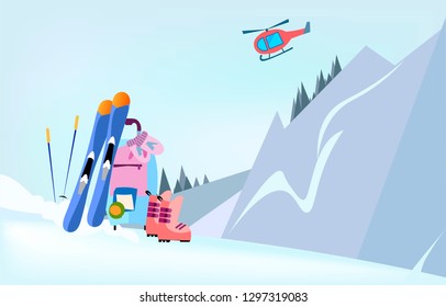 Ski equipment, trail, Alps, snow, mountains panoramic background. flat vector illustration. Ski resort season is open. Winter banner design. Vector graphics. 