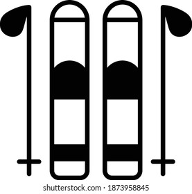 Ski equipment Vector Glyph Icon Design, Winter Fall activities Symbol on white background, Cold Weather Sign, Wild Season Elements, Bindings and Poles Concept,  Winter Sports Gear