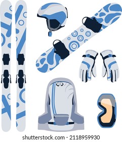 Ski equipment vector illustration set. This set includes skis, snowboard, gloves, helmet, backpack and ski goggles.