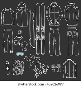 Ski Equipment In Vector, Ski Kit Infographic Set, Ski Vector Doodle, Hand Drawn Vector Gear, Ski Clothes Set