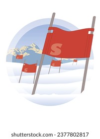 ski flags on ski hill with mountains in the background
