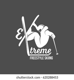 Ski freestyle logo, emblem and design elements. Retro design of monochrome badge. Winter sports collection