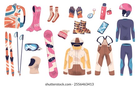 Ski gear. Skier winter sport equipment, snowboard outfit thermal underwear skiing suit skis goggles helmet boot glove snow resort clothing set, cartoon classy vector illustration original artwork