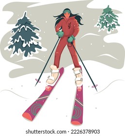 Ski girl on winter slopes illustration 