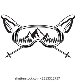 Ski glasses and crossed ski pole vector illustration. Ski Snowboard glasses crossed ski poles with mountains landscape reflection