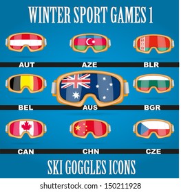 Ski glasses with the flags of countries members for winter games. Vector illustration, eps 10, contains transparencies.