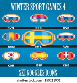 Ski glasses with the flags of countries members for winter games. Vector illustration, eps 10, contains transparencies.