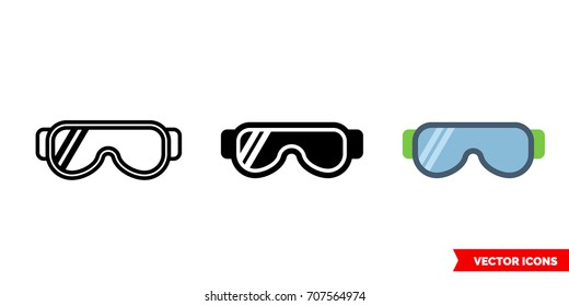 Icono de lentes de esquí de 3 tipos: color, blanco y negro, contorno. Símbolo vectorial aislado.