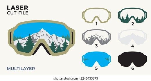 ski glasses laser cutting template, multilayer file, winter mountains, vector image