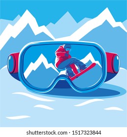 SKI GLASSES WITH REFLECTION OF A SNOWBOARDER IN THE SNOW ON THE BACKGROUND OF THE MOUNTAINS