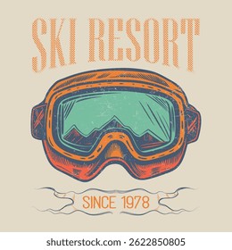 ski glasses, Skiing sport Club, Vintage typography design with mountains and snowboard, Extreme winter sport, Vector ski club retro flyer, poster, banner with mountain, snowboarder, mountaineers