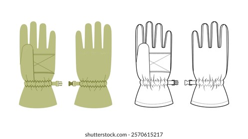 Ski Gloves Igloos Insulated Core olive green cartoon and flat mockup sketch Fashion hand accessory clothing technical illustration garment. Vector for Men, women, unisex style template CAD on white