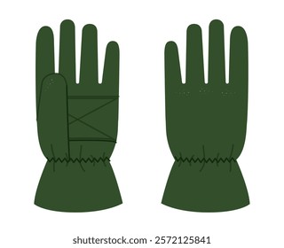 Ski Gloves Igloos Insulated Core emerald green cartoon Fashion hand accessory clothing technical illustration garment. Vector front palm back view for Men, women, unisex style flat on white background