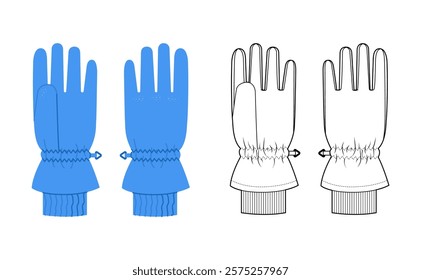 Ski Gloves Igloos Insulated Core blue cartoon and flat mockup sketch Fashion hand accessory clothing technical illustration garment. Vector for Men, women style flat template CAD on white background