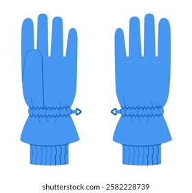 Ski Gloves Igloos Insulated Core blue cartoon Fashion hand accessory clothing technical illustration garment. Vector front palm back view for Men, women, unisex style flat template on white background