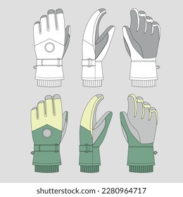 ski gloves vector illustration, glove construction linear sketch and color sketch, technical sketch yellow green ski gloves