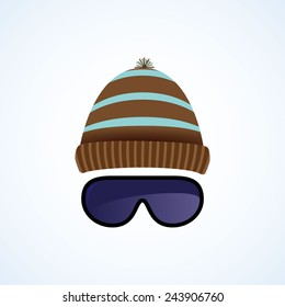 Ski goggles with hat isolated on white. Vector illustration