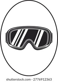 Ski goggles icon in a black and white oval frame, perfect for winter sports and adventure gear