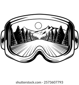 Ski goggles with mountain landscape drawing illustration. Ski Snowboard glasses mountains landscape	