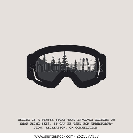  ski goggles protective mask with mountains landscape reflection. logo vintage Vector illustration with text for sign and symbol