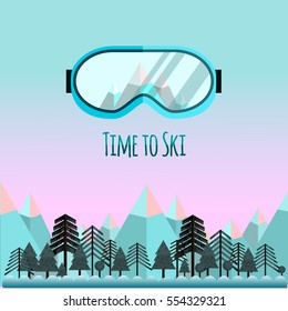 Ski goggles with reflection of mountains. Background with mountains and a forest.