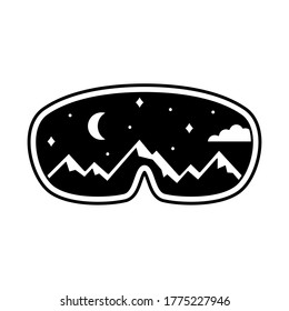 Ski goggles with reflection of snowy mountains, night sky, moon. Black illustration of snowboard equipment, winter sports mask. Graphic cutout silhouette print, logo. Contour vector, white background