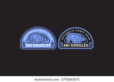 Ski goggles retro badge logo design set for winter sport. Snow goggles vintage patch symbol graphic pack for adventure gear. Winter eyewear rustic emblem element designs bundle for outdoor equipment
