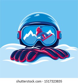 SKI HELMET GLOVES AND GLASSES WITH REFLECTION OF A SNOWBOARDER IN THE SNOW