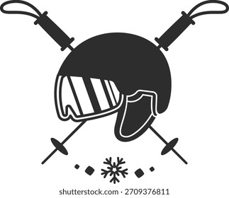 Capacete de esqui com óculos e emblema de polo cruzado em silhueta plana. Símbolo de esporte de inverno, segurança, aventura, equipamento alpino e atividade de estação fria. Ilustração de vetor de desenhos animados.