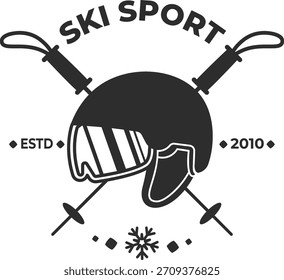 Capacete de esqui com óculos de proteção e emblema de poste cruzado em estilo plano limpo. Símbolo de esporte de inverno, segurança, aventura e marca de clube alpino. Ilustração de vetor de desenhos animados.