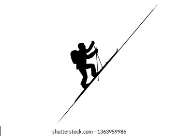 Ski hiker on the steep mountain slope / vector, black and white, isolated