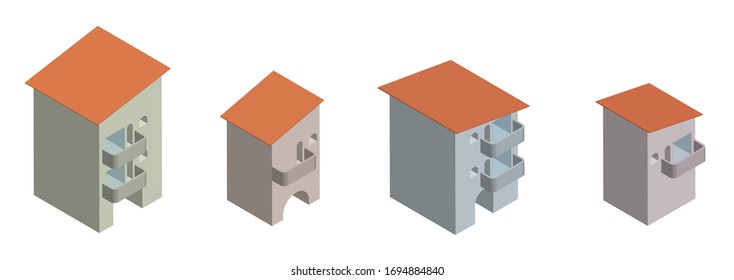 ski hotel, set of isometric houses. Isolated vector on white background