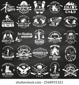 Ski, Ice Skate, Hockey and Snowboard Club emblem on the chalkboard. Vector. Vintage typography design with snowboarder, skate, skates blades and skier silhouette. Winter sport