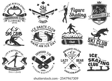 Ski, Ice Skate and Snowboard Club emblem. Vector. Concept for shirt, print, stamp, badge or tee. Vintage typography design with snowboarder, skate, skates blades and skier silhouette. Winter sport