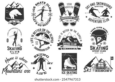 Ski, Ice Skate and Snowboard Club emblem. Vector. Concept for shirt, print, stamp, badge or tee. Vintage typography design with snowboarder, skate, skates blades and skier silhouette. Winter sport