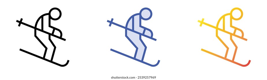 icono de esquí. Lineal, relleno azul y diseño de estilo degradado aislado sobre fondo blanco