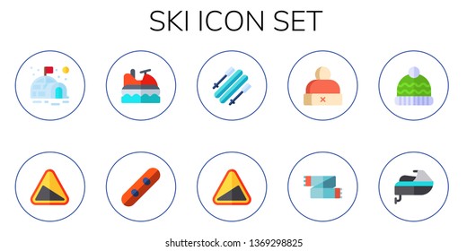 ski icon set. 10 flat ski icons.  Simple modern icons about  - igloo, slope, jet ski, snowboard, skii, winter hat, scarf