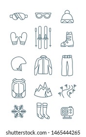 Ski icon set equipment kit clothes vector illustration outline