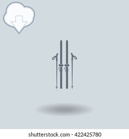 Ski icon with shadow. Cloud of download with arrow.