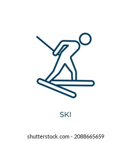 ski icon. Thin linear ski outline icon isolated on white background. Line vector ski sign, symbol for web and mobile