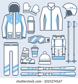 Ski icons set. Mountain skiing gear and accessories collection. Winter sport and activity skiing equipment vector elements set. Snow boots, poles, jacket isolated