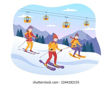 Ski Illustration with Skiers Sliding Near Mountain Going Downhill in Skiing Resort in Flat Winter Sport Activities Cartoon Hand Drawn Templates