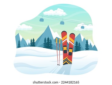 Ski Illustration with Skiers Sliding Near Mountain Going Downhill in Skiing Resort in Flat Winter Sport Activities Cartoon Hand Drawn Templates