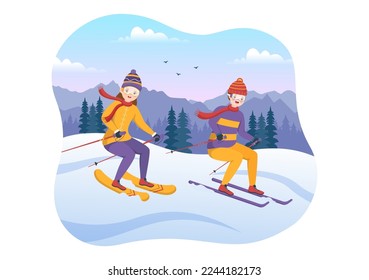 Ski Illustration with Skiers Sliding Near Mountain Going Downhill in Skiing Resort in Flat Winter Sport Activities Cartoon Hand Drawn Templates