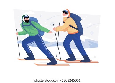 Ski instructor teaching beginners to ski.