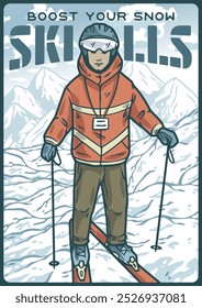 Ski instructor wearing an orange jacket is standing on a snowy mountain top with ski poles in his hands, ready for winter sports and fun