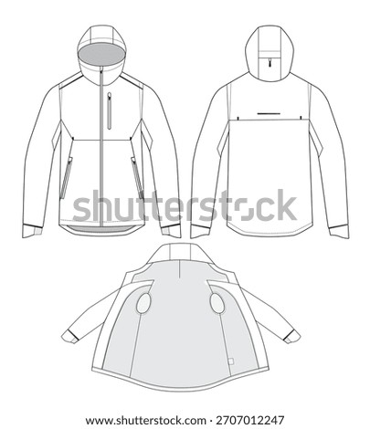 Ski jacket front, back and inside view vector design mockup template technical flat drawing.