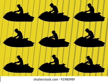 Ski jet water sport motorcycles riders silhouettes illustration collection background vector