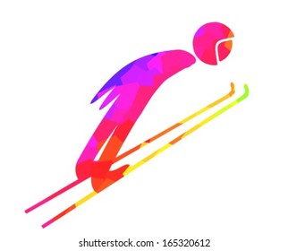 ski jump pictogram in blue purple red yellow green on white background